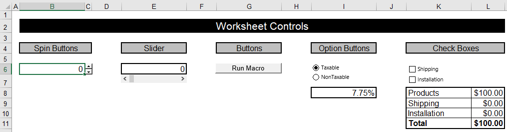 excel worksheet controls